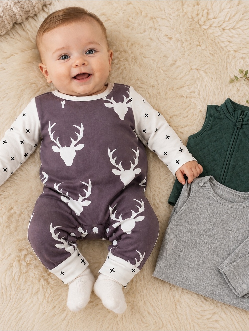 Baby 3–6M Deer Romper + Carter’s Quilted Vest & Gray Top 3-Piece Bundle #1334